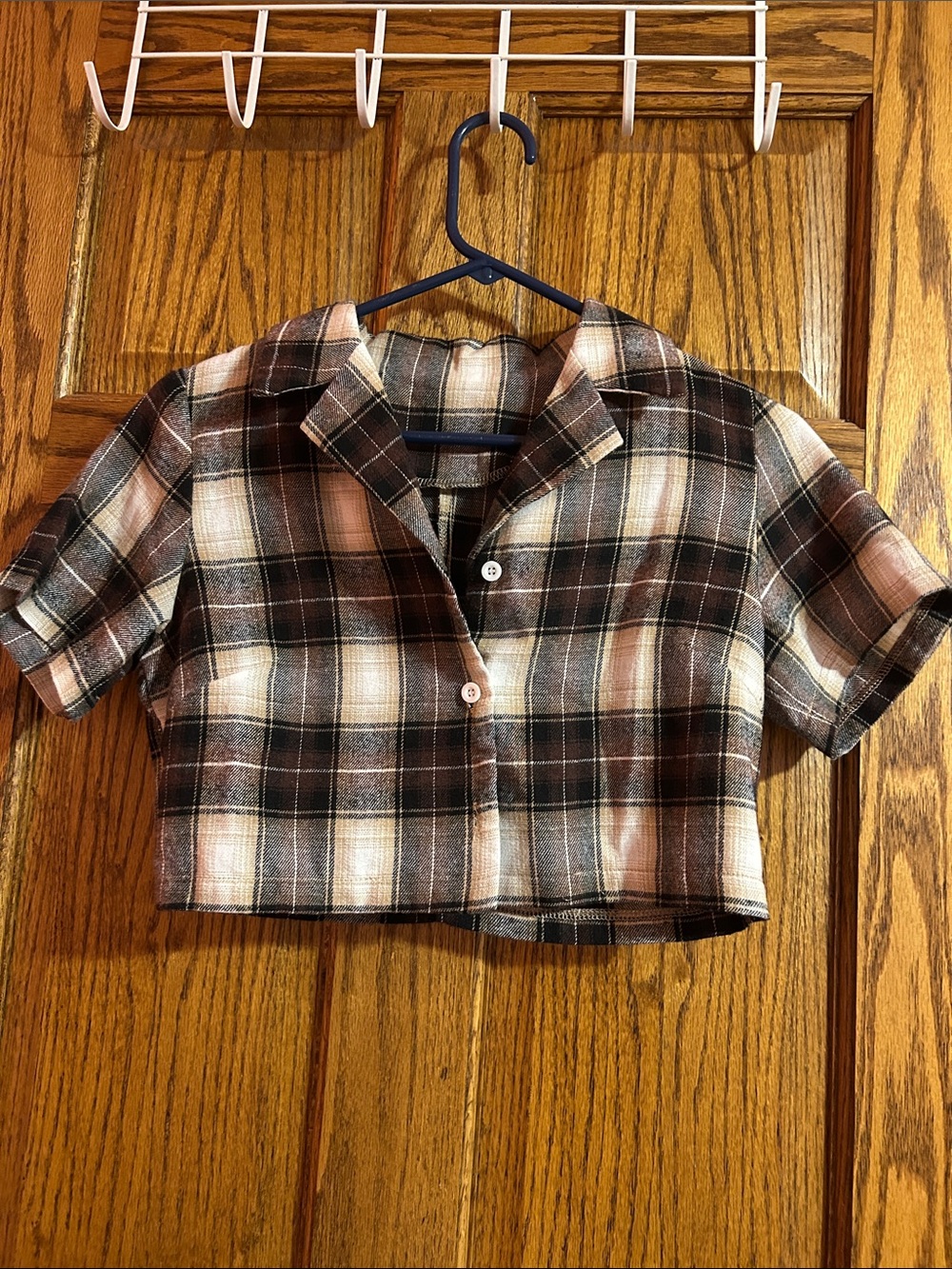 ROMWE Brown and Cream Plaid Cropped Kids Shirt